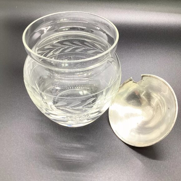 1950s Mid Century Etched Decorated Crystal & Sterling Silver Jam Jar - Picture 5 of 5